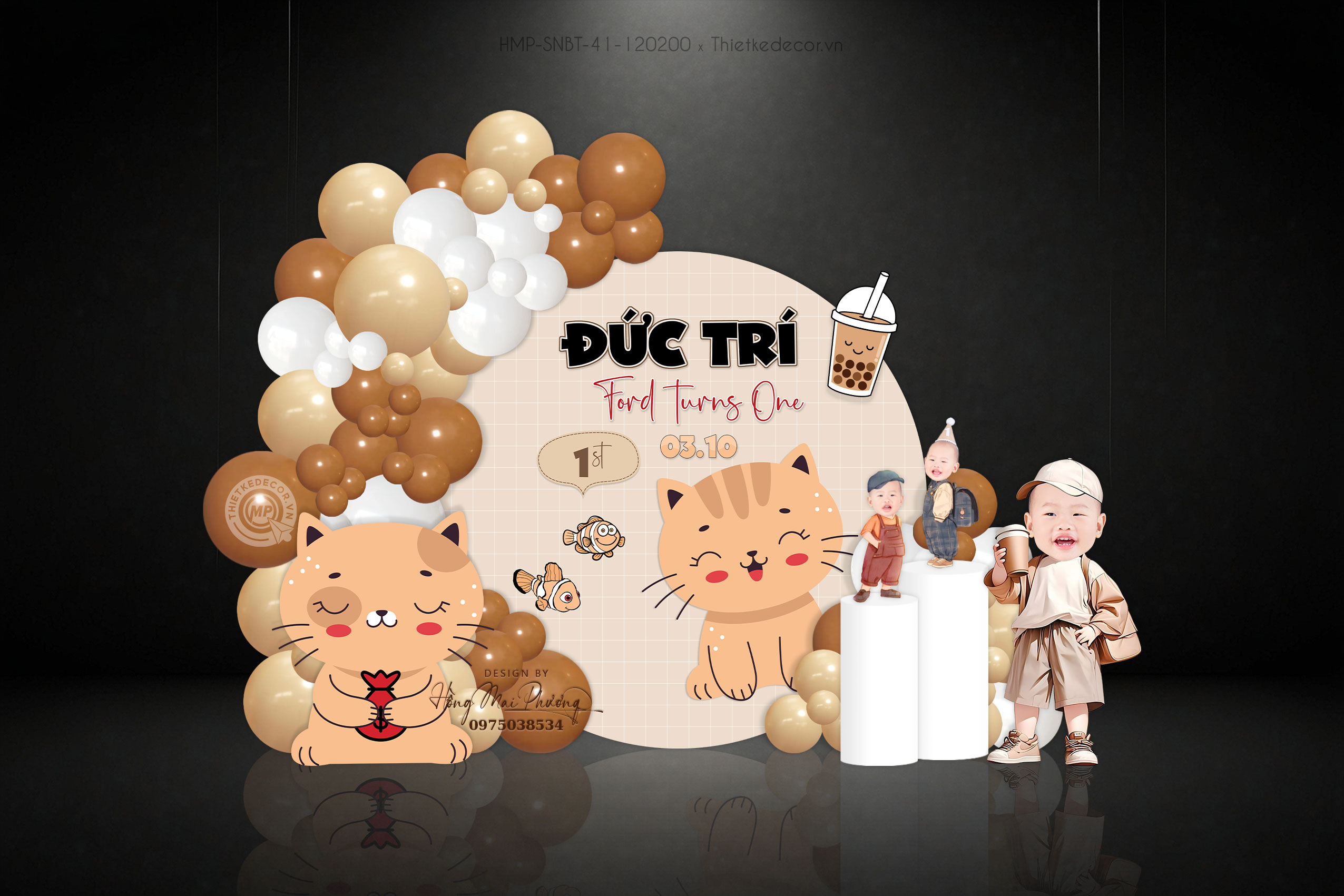 Sinh nhật bé trai tone nâu tây, bé tuổi mèo thích uống trà sữa